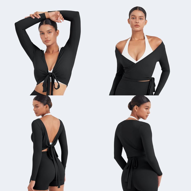 YEOREO Women Pilates Wrap Top Long Sleeve Tie Ballet Workout Yoga Shirt Michelie Y2K V Neck Cropped Tops - Image 5